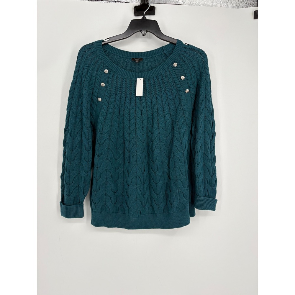 Talbots Sweater Women 2XP Teal Cable Knit Button Shoulder Cotton Wool Blend 2605